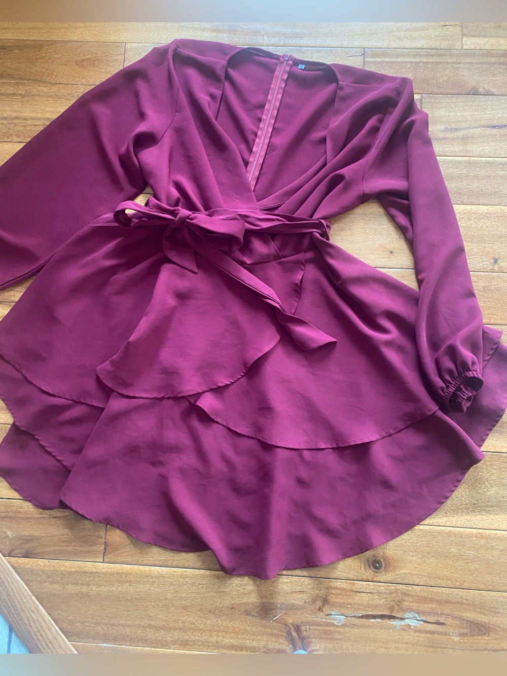 Wrap-Style Tiered Mini Dress in Deep Berry